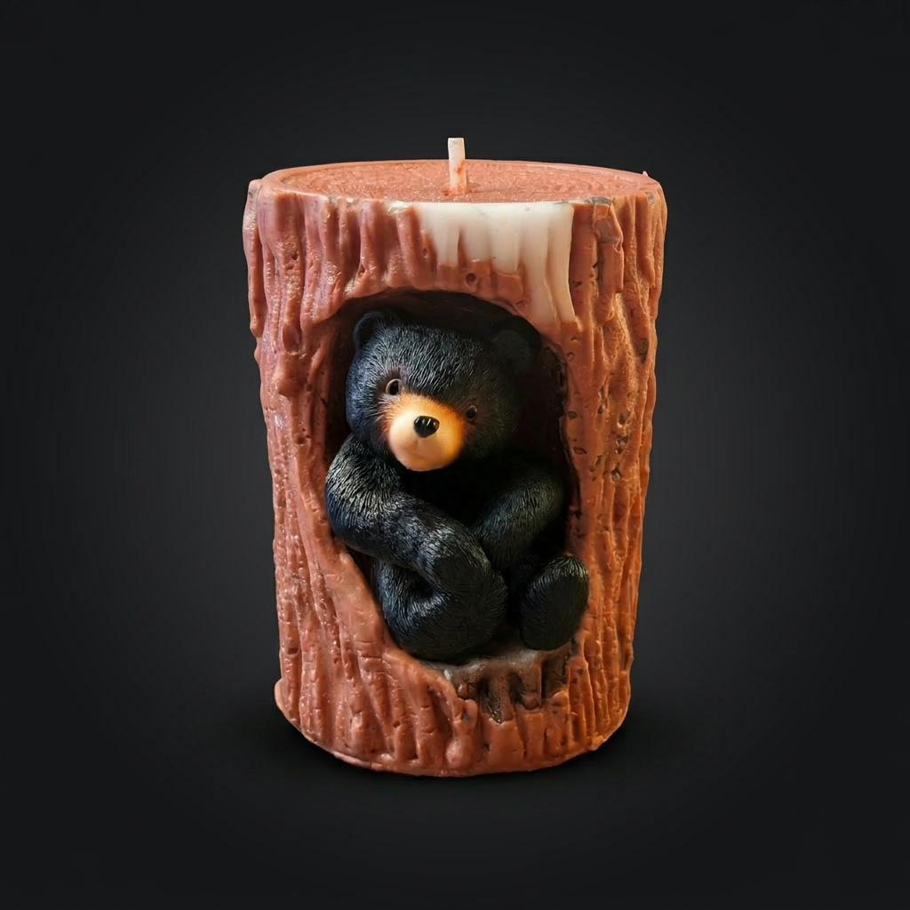 Hollow Log Black Bear — a hand-painted black bear candle nestled inside a terracotta log