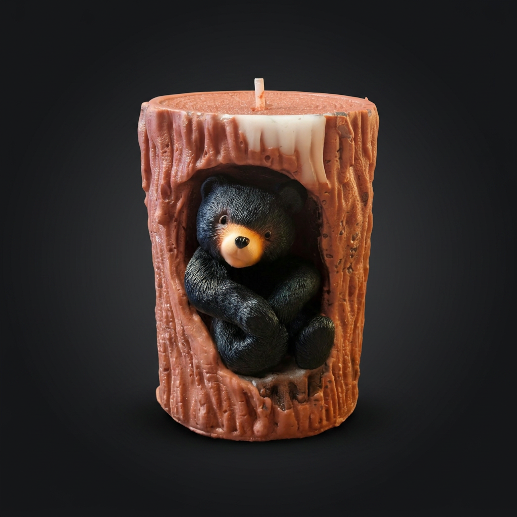 Hollow Log Black Bear — a hand-painted black bear candle nestled inside a terracotta log