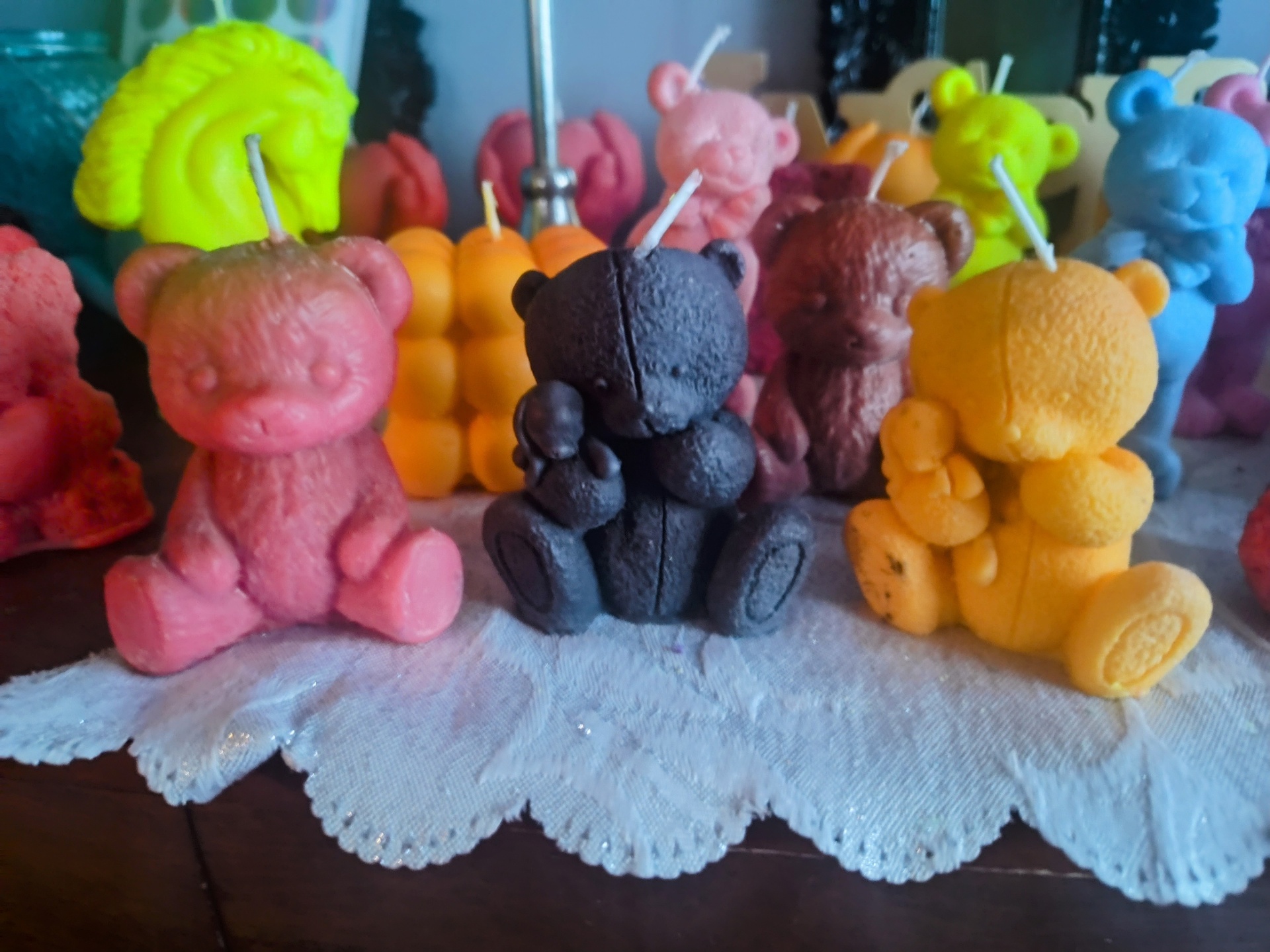 Hand-poured mama bear candle lineup by Flickering Fortunes