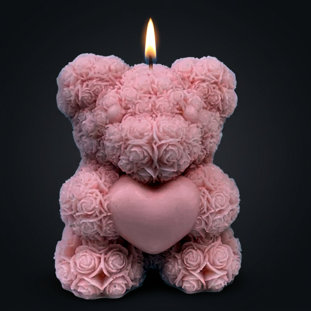 Rose Bear with Heart handmade beeswax candle by Flickering Fortunes